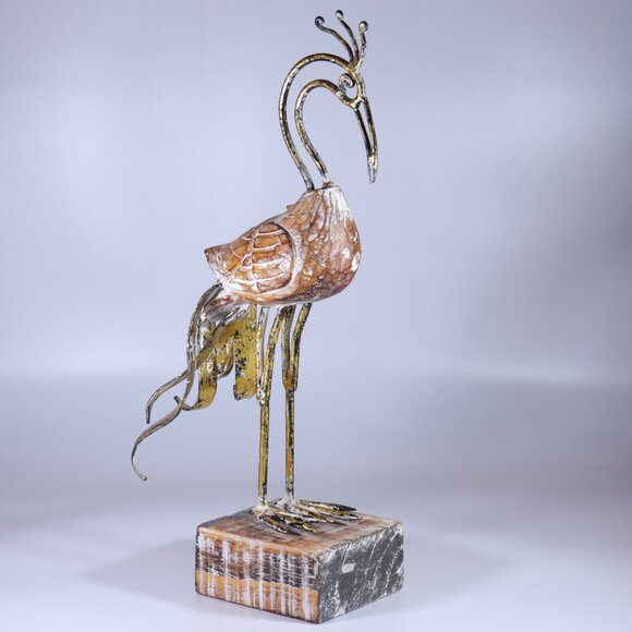 Wood & Metal Bird Peacock (?) Wood Base Figurine Decor Handmade 14" Height. - Picture 3 of 8